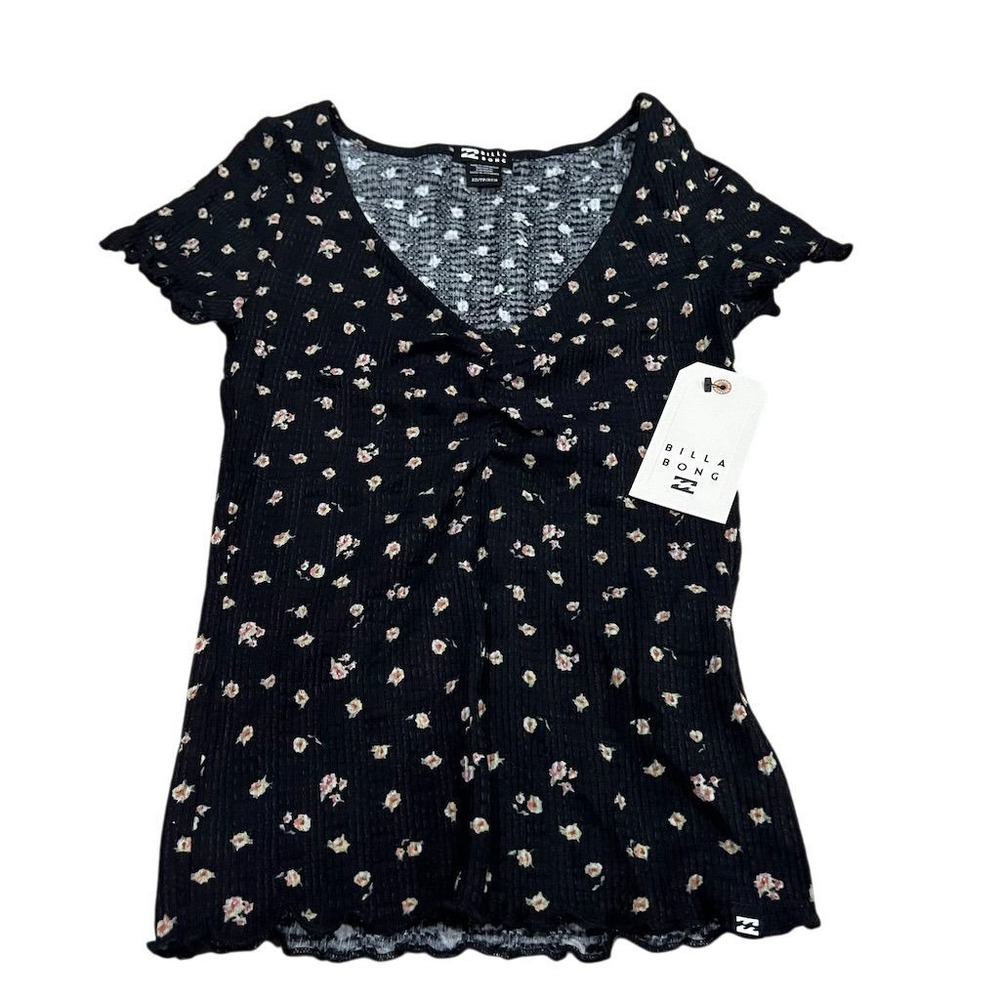 NWT Billabong Women's XS Floral V-Neck Short Sleeve Waffle Knit Top Multicolor